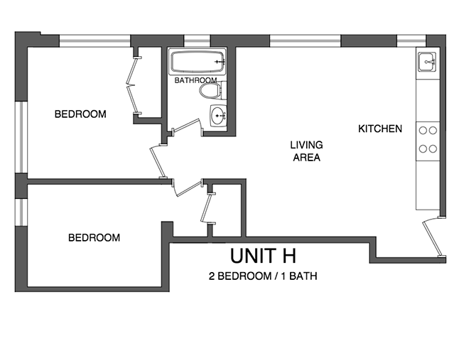 Floor plan for 2 beds, 1 bath, 615 sqft